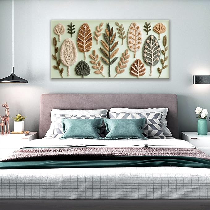 Boho Wall Art Chic Home Wall Art Modern Multicolor Painting Prints Leaves Feather Green Canvas Wall Art Decor For Living Room Bedroom Apartment Kitchen 24"W X 48"L Ready To Hanging