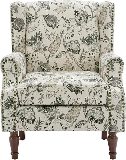 UIXE High Back Floral Accent Chairs Set of 2, Upholstered Armchair in Fabric, Retro Printed Wingback Arm Chair for Living Room, Nailhead Trim Single Sofa Bedroom Reading Seat - Plants Beige