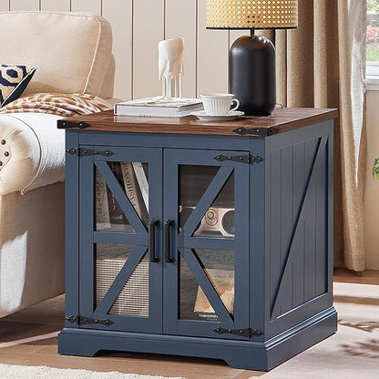 24" End Table with Charging Station, Farmhouse Night Stand with Glass Barn Door, White Nightstands with Adjustable Storage Shelf, Large Wood Square Bed Side Table for Living Room,Bedroom