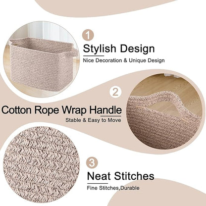 OIAHOMY Storage Basket, Woven Baskets for Storage, Cotton Rope Basket for toys,Towel Baskets for Bathroom - Pack of 3, Pure Brown