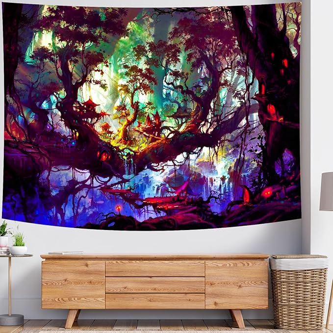 Delur Fantasy Forest Tapestry Mystical Landscape Magical Enchanted Forest Tree Nature Tapestry Psychedelic Wall Hanging Headboard for Bedroom Living Room Home Decor (51.2" x 59.1")