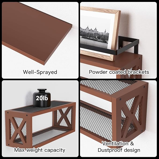 RICHER HOUSE Floating Wood Shelves with Guardrail, Rustic Brown, Wall Mounted, 2 Shelves, Farmhouse Style