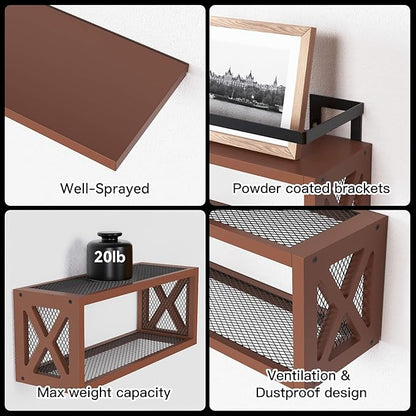 RICHER HOUSE Floating Wood Shelves with Guardrail, Rustic Brown, Wall Mounted, 2 Shelves, Farmhouse Style