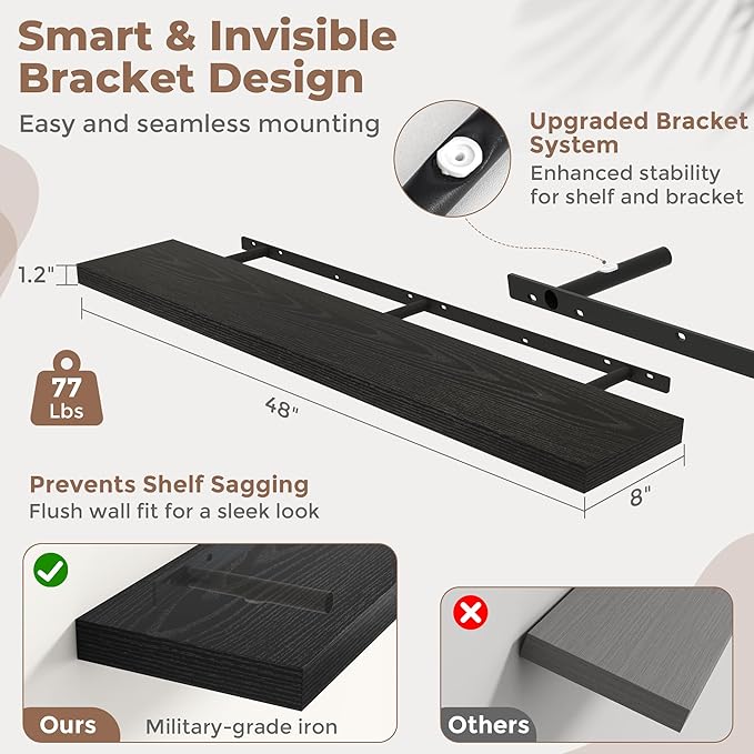 48 Inch Floating Shelves for Wall Set of 2, 8"D Wood Grain Bathroom Shelves with Invisible Brackets, Easy Install Engineered Wood Storage Shelves for Kitchen, Living Room, Bedroom, Black Finish