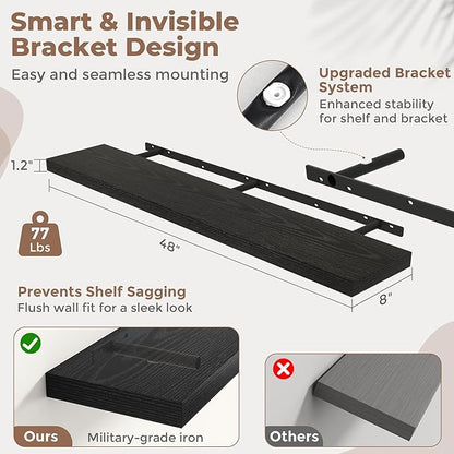 48 Inch Floating Shelves for Wall Set of 2, 8"D Wood Grain Bathroom Shelves with Invisible Brackets, Easy Install Engineered Wood Storage Shelves for Kitchen, Living Room, Bedroom, Black Finish