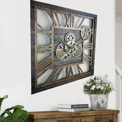 The Gears Clock 24'' Inch Square Real Moving Gear Wall Clock Vintage Industrial Oversized Rustic Farmhouse (Carbon Grey)
