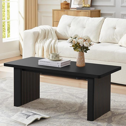 Rectangular Fluted Coffee Table, Farmhouse Wood Coffee Table Mid Century Modern Center Table Boho Living Room Tables for Living Room Office (Black, 19.69" D x 43.3" W x 17.72" H)