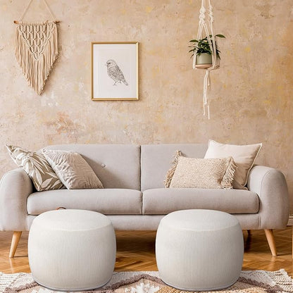 2 Pack Round Inflatable Pouf Ottoman Foot Rest for Couch 20 x 16 Inch Cozy Portable Floor Corduroy Poufs Foot Stool Ottoman with Pump for Living Room Bedroom Chair, Beige