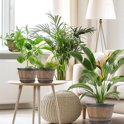 10-inch-Plant-Pots-Indoor-Outdoor, 4 Pack Whiskey Barrel Planters with Drainage Holes & Saucer, Plastic Flower Pots Imitation Wine Barrel Design, Decorative Garden Pots for Plants