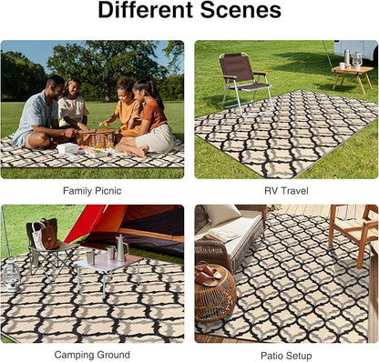 OLANLY Reversible Outdoor Rug 5x8 ft Clearance, Waterproof Outdoor Plastic Straw Rug with Interlacing Pattern, RV Mat for Patio, Camping, Balcony, Deck, Backyard, Black & Beige