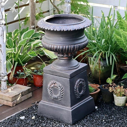 VISIBLE Classic Garden Urn Planter with Pedestal, Black Antique Finish, Cement Fiber Material, Decorative Leaf Pattern, 22 Inch Height, Indoor Outdoor Use, Delivered from Local Warehouse (Black)