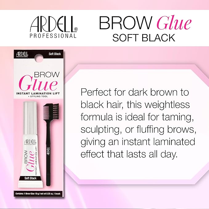 Ardell Brow Glue Soft Black with Styling Brush ?€? Instant Lamination Brow Gel for Fluffy, Defined Brows, All-Day Extreme Hold Eyebrow Gel Waterproof, 0.35 oz