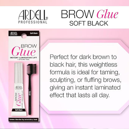 Ardell Brow Glue Soft Black with Styling Brush ?€? Instant Lamination Brow Gel for Fluffy, Defined Brows, All-Day Extreme Hold Eyebrow Gel Waterproof, 0.35 oz