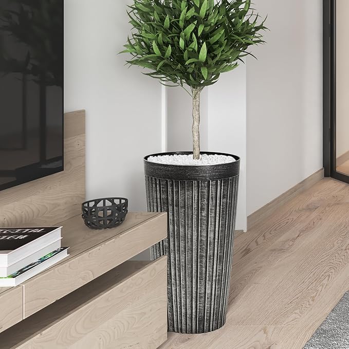 Worth Garden 22.5" H. Plastic Planters - Set of 2 Vintage Black Tall Conical Plant Pots for Indoor Outdoor Use - Decorative Lightweight Flower Pots for Front Porch, Patio, Deck - 12.5" Dia x 22.5" H