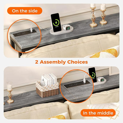 SUPERJARE 78.7 Inch Console Table with Outlet, Sofa Table with Charging Station, Narrow Hallway Entryway Table, Behind Couch Table, for Living Room, Charcoal Gray