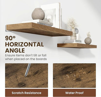 24 Inch Floating Shelves, 12 Inch Deep Floating Shelves for Wall, Floating Shelf with Invisible Brackets, Deep Shelves for Bathroom, Bedroom, Living Room, 2 Pack, Brown