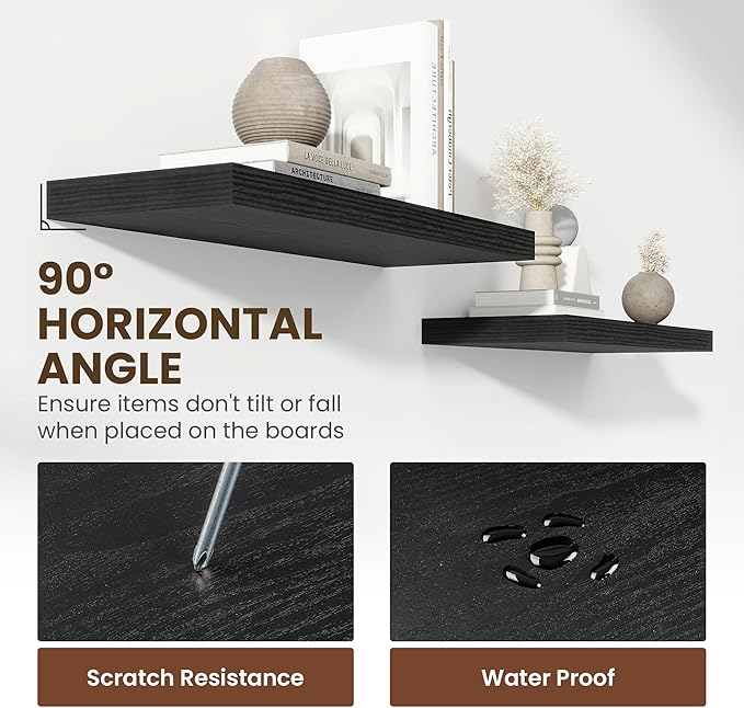 12 Inch Deep Floating Shelves, 24 Inch Long Floating Shelves for Wall, Floating Shelf with Invisible Brackets, Deep Shelves for Bathroom, Bedroom, Living Room, 2 Pack, Black