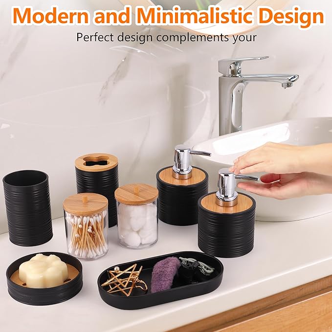 Black Bathroom Set, 25 PCS Bathroom Accessories Set with Shower Curtains, Rugs, Trash Can, Toothbrush Holder, Soap Dispensers, Toothbrush Cup, Vanity Tray, Soap Dish, Toilet Brush, Qtip Holders