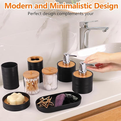 Black Bathroom Set, 25 PCS Bathroom Accessories Set with Shower Curtains, Rugs, Trash Can, Toothbrush Holder, Soap Dispensers, Toothbrush Cup, Vanity Tray, Soap Dish, Toilet Brush, Qtip Holders