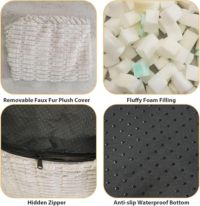 Round Stuffed Pouf Ottoman for Foot Rest, Storage Ottoman Pouf Foot Stool Cushion, Faux Fur Poufs with Foam Chunk Filling, 26 X 18 Inch Floor Chair for Living Room Bedroom Home Decor, Light Gray