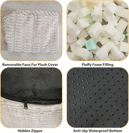 Round Stuffed Pouf Ottoman for Foot Rest, Storage Ottoman Pouf Foot Stool Cushion, Faux Fur Poufs with Foam Chunk Filling, 26 X 18 Inch Floor Chair for Living Room Bedroom Home Decor, Light Gray