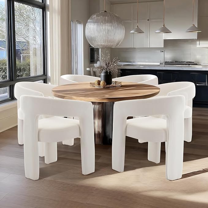 White Chenille Dining Chairs Set of 6, Modern Barrel Dining Room Chairs Upholstered Accent Chair with Arms and Round Back for Living Room Kitchen Armchair No Assembly Needed
