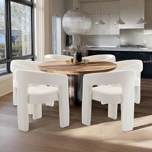 White Chenille Dining Chairs Set of 6, Modern Barrel Dining Room Chairs Upholstered Accent Chair with Arms and Round Back for Living Room Kitchen Armchair No Assembly Needed