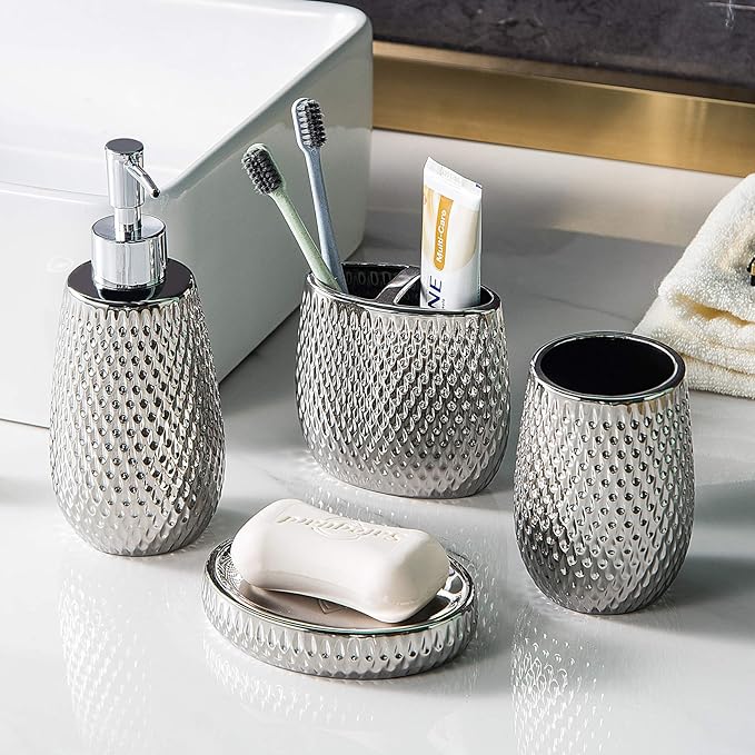 Silver Bathroom Accessory Set 4 Piece Ceramic Bath Accessories Sets Complete, Rain- Drop Shaped Bathroom Essential with Toothbrush Holder & Dish, Tumbler, Soap Dispenser Set for Bath Decor