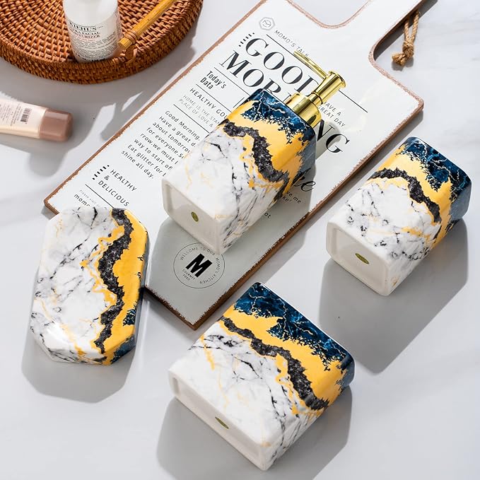 4 Piece Bathroom Accessories Set - Blue Bathroom Accessory Sets Includes Lotion Dispenser, Toothbrush Holder Tumbler, and Soap Dish - Glossy Finish (Marble, Blue)