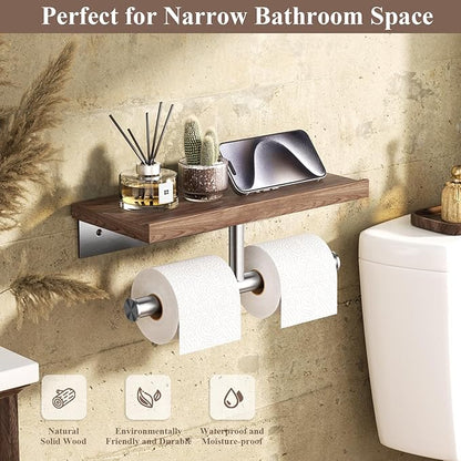 Tindbea Rustic Double Toilet Paper Holder with Walnut Wood Shelf, Farmhouse Toilet Paper Holder Brushed Nickel Stainless Steel Bathroom Tissue Roll Holder