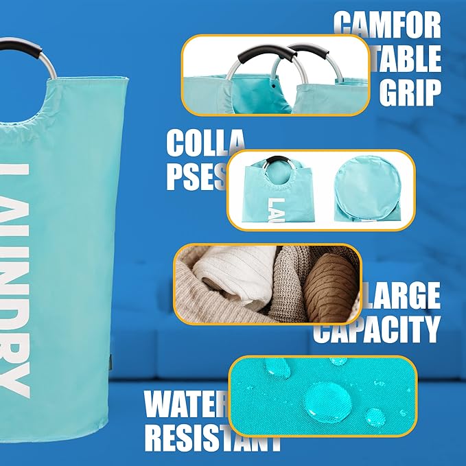 Caroeas 100L Laundry Basket,Large Laundry Hamper, Laundry Bag with Padded Handles, Clothes Hamper Stands Up Well, Collapsible Free Standing Easy Storage Washing Bin (Light Blue,100L)