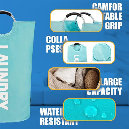 Caroeas 100L Laundry Basket,Large Laundry Hamper, Laundry Bag with Padded Handles, Clothes Hamper Stands Up Well, Collapsible Free Standing Easy Storage Washing Bin (Light Blue,100L)