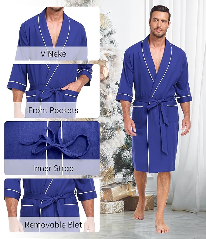 COLORFULLEAF Men's Bathrobes 100% Cotton Soft Comfort Breathable Short Sleeve Summer Kimono Mens Lightweight Robe