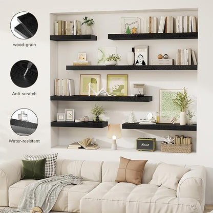 36 Inch Floating Shelves, 12" Deep Floating Shelf Wall Mounted, 36" Wall Shelves, Rustic Deep Bookshelf, Extra Deeper & Thicker Display Shelves for Bedroom, Living Room, Black, Set of 2