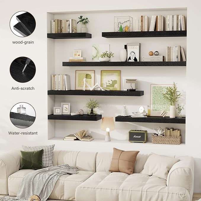 48 Inch Floating Shelves, 12" Deep Floating Shelf Wall Mounted, 48" Wall Shelves, Rustic Deep Bookshelf, Extra Deeper & Thicker Display Shelves for Bedroom, Living Room, Black, Set of 2