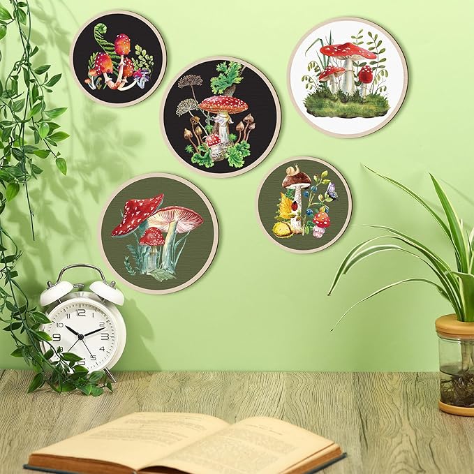 Qunclay 5 Pcs Wall Art Decor Wooden Living Room Wall Decor Bohemian Hanging Farmhouse Geometric 10'' and 8'' Aesthetic Wood Minimalist Posters for Bedroom(Mushroom)