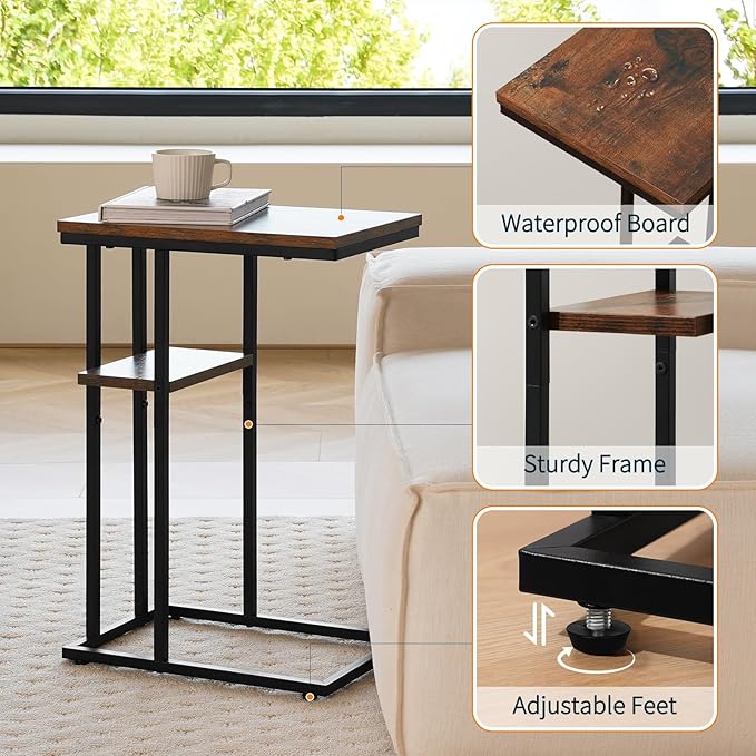 Yoobure C Shaped End Table, Side Table for Couch and Bed, Small Side Tables for Small Spaces, Living Room, Bedroom, Rustic Snack Tables