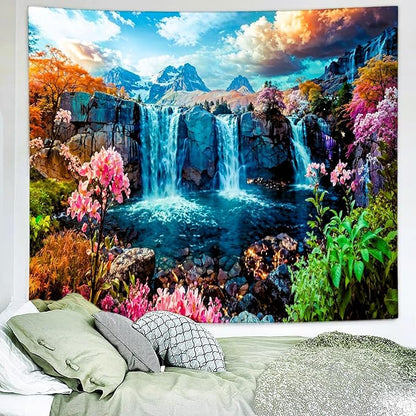 Delur Waterfall Tapestry Tropical Forest Mountain Sunset Tree Wall Hanging Tapestry Scenic Rainforest Landscape Nature Sunrise Headboard for Bedroom Living Room Home Decor (70.8" x 92.5")