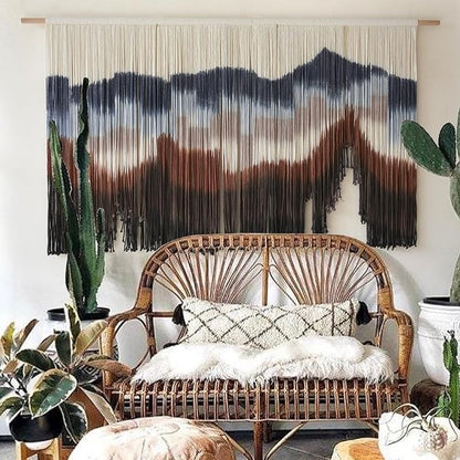 Flber Large Macrame Wall Hanging 57" W x 31" L Handmade Dip Dye Tapestry Bohemian Fiber Art Wall Hanging Mountain Inspired Wall Tapestry Neutral Rustic Wall Decor for Bedroom Living Room