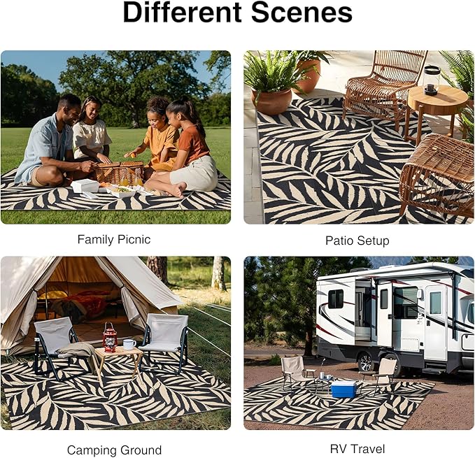 OLANLY Waterproof Outdoor Rug 5x8 ft, Reversible Outdoor Plastic Straw Rug with Leaf Pattern, RV Mat, Indoor Outdoor Carpet for Patio, Camping, Balcony, Deck, Backyard, Black & Beige