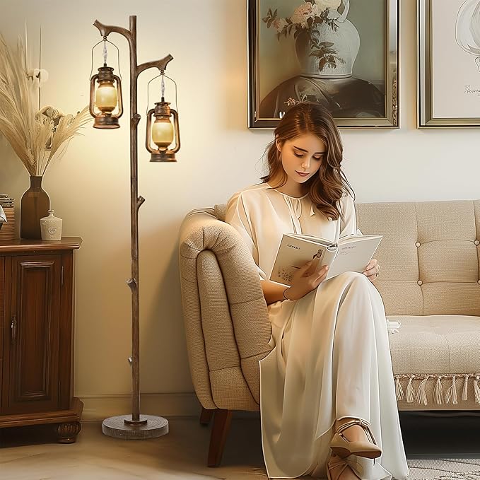 68" Rustic Farmhouse Tree Trunk Floor Lamp Country Brown Finish Wood Vintage Standing Tall Lamp with Lantern Stepless Dimmable Industrial Floor Lamp Decor for Bedroom Living Room Office Hotel