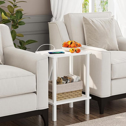 TUTOTAK End Table with Charging Station, Small Side Table with Outlets, Nightstand Bedside Table, 2-Tier Storage Shelf for Small Space, Living Room, Bedroom, White TB01BW040