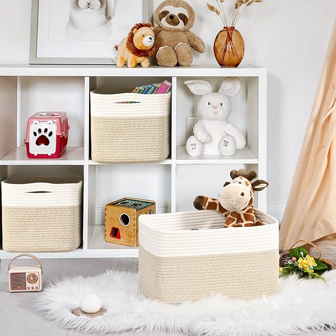 Shelf Baskets for Organizing, Woven Storage Basket for Shelves, Cotton Rope Storage Bins for Toys Books, Nursery Towel Baskets for Classroom, 14.96"X9.8"X8.85", 3-Pack White/Brown