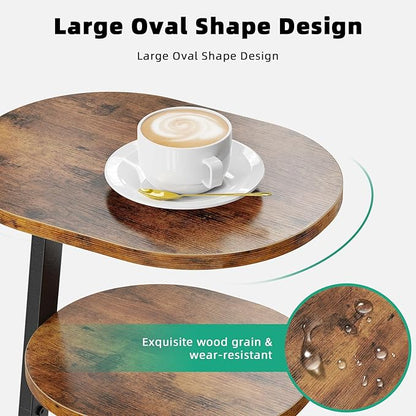 Side Table, Small End Table with Metal Frame, 3-Tier Bedside Tables, Round Side Tables for Living Room Bedroom Couch Bathroom, Oval, Vintage Brown