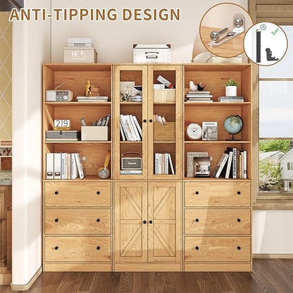 71" Tall Bookshelves Set of 3, 2 Bookcases with Drawers & 1 Bookshelf with Doors, Wooden Bookshelves Floor Standing Display Storage Shelves Home Decor Furniture for Home Office, Living Room