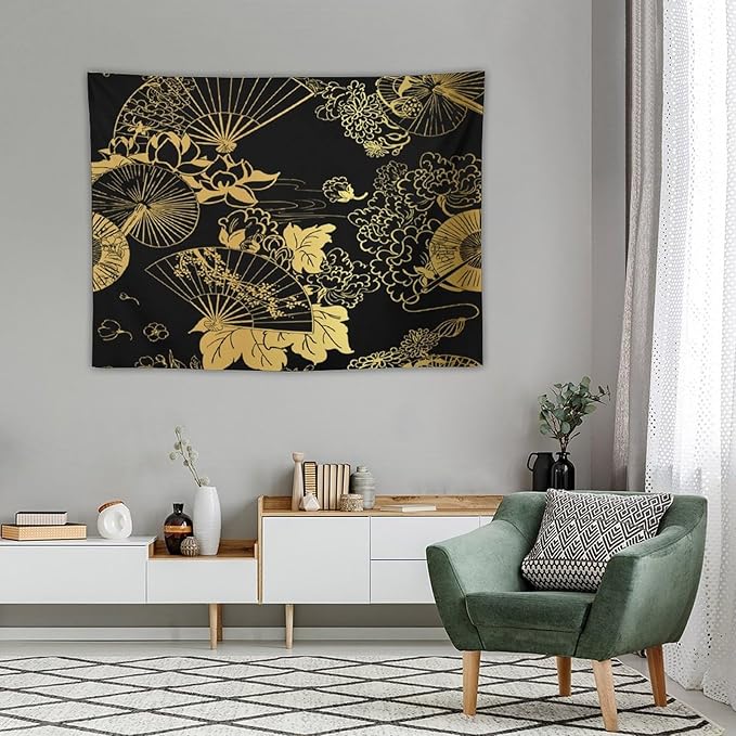 HZOHNAGO Japanese Tapestry Gold Flowers Umbrella Fan Pattern Printed Wall Tapestry Painting Wall Hanging for Bedroom Living Room Dorm 40" W x 30" H