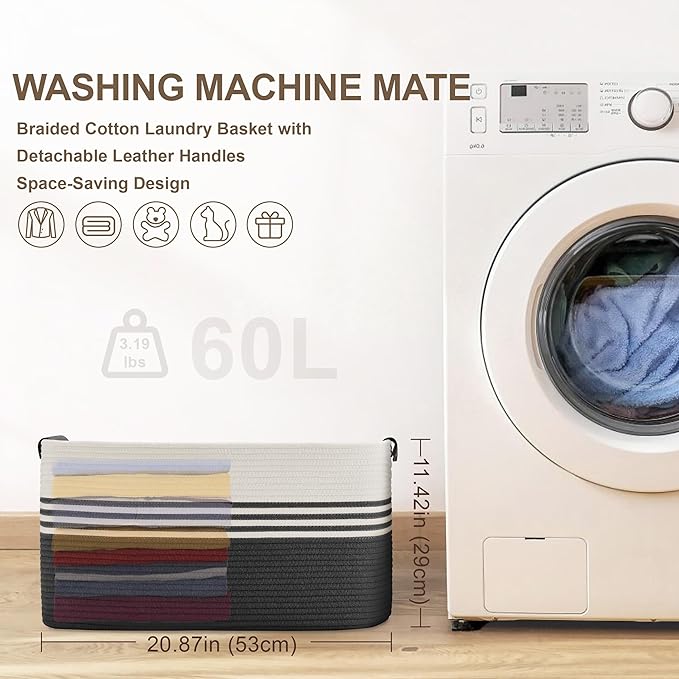 60L Large Laundry Basket with Leather Handles for Living Room Storage, Woven Rope Baskets Bin for Blanket, Kids Toy, Gifts, Wicker Hamper for Bedroom Dirty Clothes, 21"x15"x11" White Black