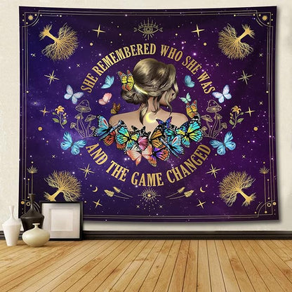 Inspirational Quote Tapestry She Remembered Who She Was And The Game Changed Positive Quotes Wall Decor,Uplifting Encouragement Gifts Inspirational Gift for Women Girls Tapestry for Bedroom 60"x50"