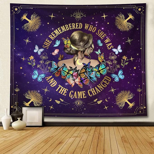 Inspirational Quote Tapestry She Remembered Who She Was And The Game Changed Positive Quotes Wall Decor,Uplifting Encouragement Gifts Inspirational Gift for Women Girls Tapestry for Bedroom 60"x50"