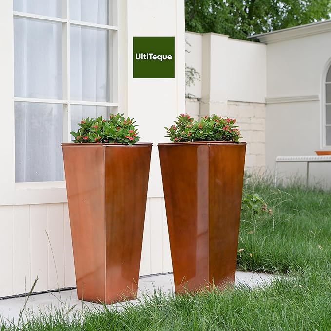 28in Tall Metal Copper Square Planter Galvanized Steel Metal Planters for Indoor/Patio Deck Garden Entrance Planter